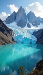 Majestic Andes Glacier Calving Turquoise Lake, Towering Ice, Dramatic Mountain Landscape in Peru
