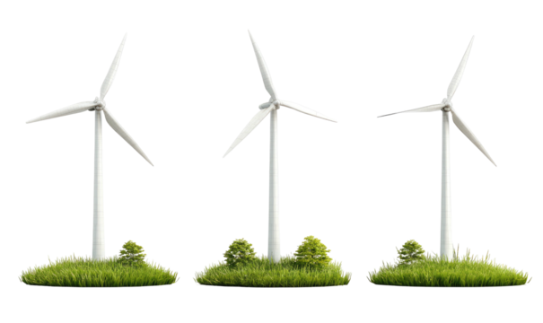 Three wind turbines, set on grassy mounds, against a transparent background, showcasing clean energy