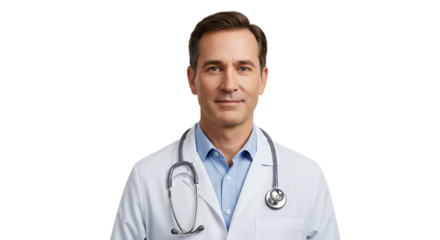 Portrait of a confident male doctor with stethoscope in medical uniform smiling