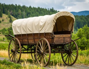 Vintage covered wagon in a meadow