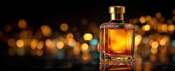 A square perfume bottle with a golden cap sits in front of a bokeh light background