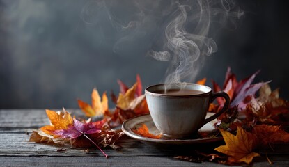 A steaming coffee cup rests amidst colorful autumn leaves on a weathered wooden surface