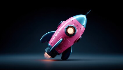 A stylized, vibrant pink and blue rocket ship takes off against a dark, gradient background