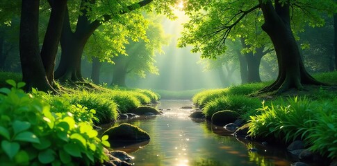 Serene Nature Scene Sunlight Dappling Through Lush Green Foliage, Tranquil Stream, Perfect for Meditation and Relaxation