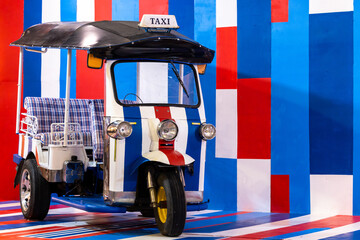 Tuk tuk or auto rickshaw, Tuk Tuk Thai traditional taxi in Bangkok Thailand, Tuk Tuk three wheel native taxi.