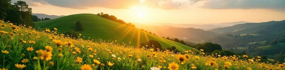 Golden Hour Sunlight Bathes Hilltop Wildflowers, Creating a Picturesque Summer Landscape Perfect for Travel and Nature Themes