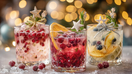 Three vibrant christmas cocktails or mocktails featuring cranberries, orange, and rosemary with festive star garnishes. Seasonal drinks on a snowy table with warm bokeh lights