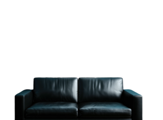 A modern black leather sofa, well lit from below, against a stark, contrasting black background