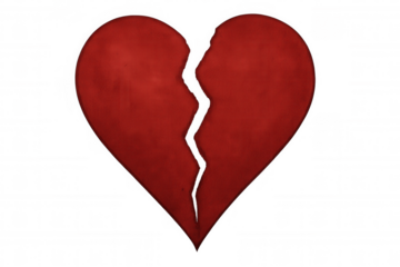 Red broken heart symbol splitting in two, representing love problems, breakup, and heartbreak feeling, transparent background