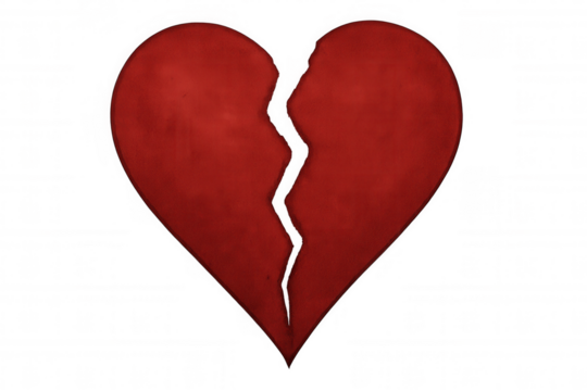 Red broken heart symbol splitting in two, representing love problems, breakup, and heartbreak feeling, transparent background