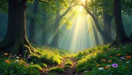 Sun Dappled Ancient Forest Tranquil Wildflower Meadow, Lush Canopy, Untouched Wilderness, Peaceful Nature Scene