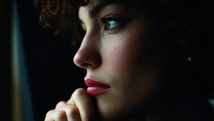 A thoughtful woman with curly hair gazes out a dark window, lost in thought