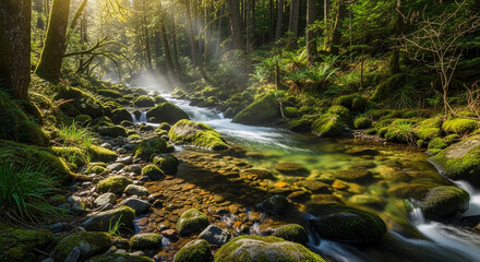 Sunlight filters through the lush green canopy, illuminating a tranquil stream flowing over mossy rocks in a serene forest landscape