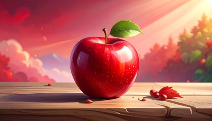 Red apple on wooden table, sunrise background