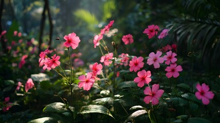 Fototapeta premium Blooming, vibrant pink flowers, delicately backlit by sunlight, are showcased in a lush garden setting, creating a beautiful display with soft focus in the background.
