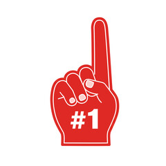 Obraz premium Red foam finger number one symbol celebration gesture of success winning champion best score victory sports fanatic triumph isolated on white background