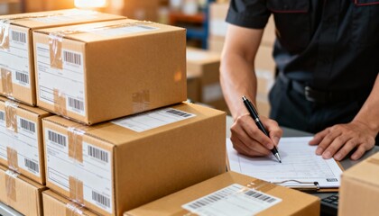 Worker signing delivery documents next to stacked cardboard boxes in warehouse during shipping process.