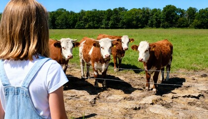 Young girl looking at herd of cows behind barbed wire fence in rural pasture on a sunny day.