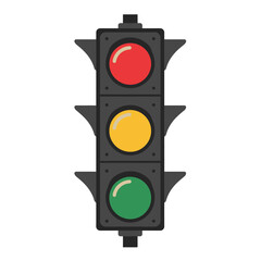 Vertical traffic light signal with red yellow and green lights clearly illuminated for traffic control and road safety regulations isolated on white background