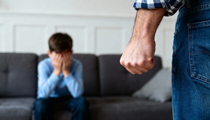 Child abuse showing angry adult with clenched fist and scared child covering face at home, representing awareness against domestic violence against children.