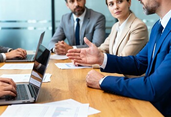 Business professionals in formal meeting discussing financial reports and strategy around conference table.