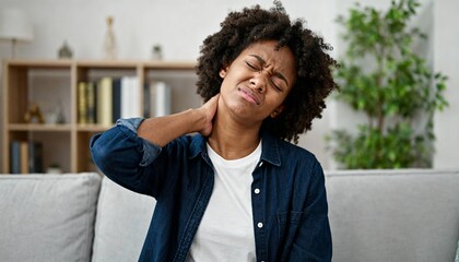 Young woman sitting on couch suffering from neck pain and muscle tension at home.