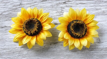 The design of a birthday greeting card features a top view of bright sunflowers on a light wooden background, creating a feminine and cheerful floral arrangement, suitable for celebrating a mom or