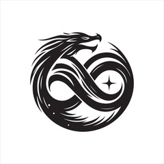 Stylized Dragon Coiled Around a Star Black Silhouette on Transparent Background.