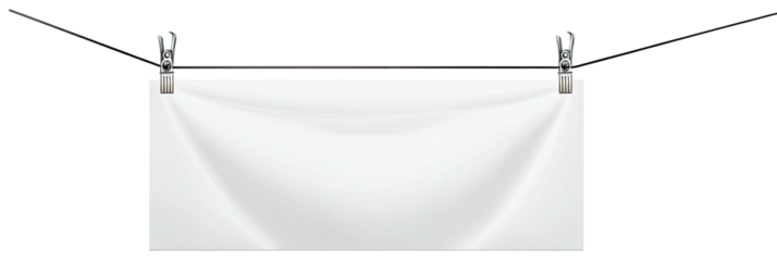 A white rectangular banner hangs from a horizontal bar, held by clips and supported by a line