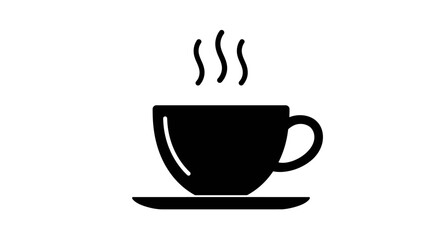 Simple black silhouette icon of a steaming coffee cup and saucer representing hot beverages and morning refreshment isolated on white background