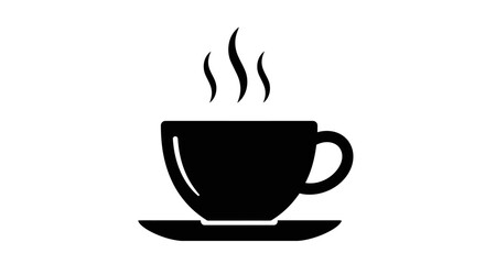 Simple black silhouette of a steaming hot coffee cup on a saucer ideal for cafe branding and beverage concepts isolated on white background