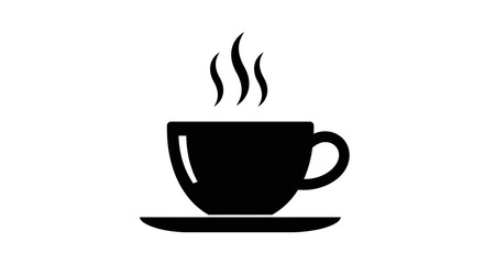 A minimalist black silhouette of a steaming hot cup of coffee or tea on a saucer representing a warm beverage and a break time moment. isolated on white background