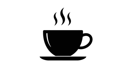 Minimalist black silhouette of a steaming coffee cup and saucer icon representing hot beverage and morning refreshment isolated on white background