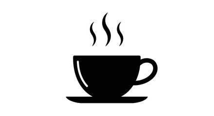 A simple and elegant black silhouette of a steaming coffee cup and saucer symbolizing warmth and morning refreshment for culinary and cafe concepts isolated on white background