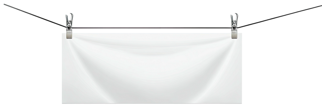 A white rectangular banner hangs from a horizontal bar, held by clips and supported by a line