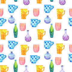 Seamless watercolor raster pattern with hand-drawn colorful mugs and bottles, wooden style utensils, bright print for fabric, wrapping paper.