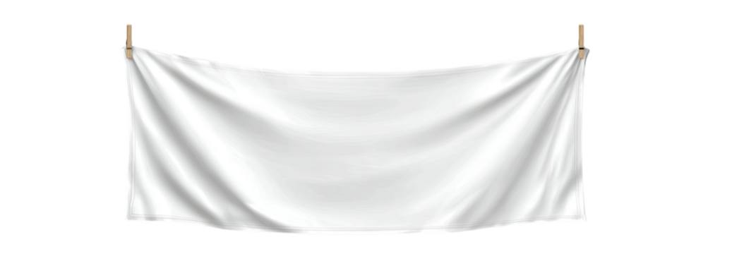 A pristine white fabric stretched between two clothespins against a transparent background
