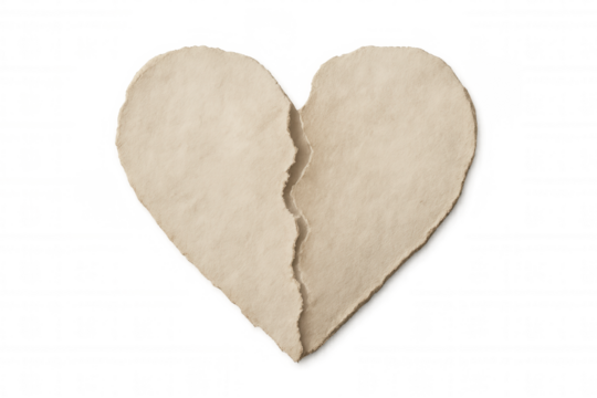 Torn paper heart concept showing heartbreak, separation, and ending relationship on transparent background