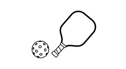 Simple hand drawn outline pickleball paddle and perforated ball ready for play recreational sport equipment graphic isolated on white background