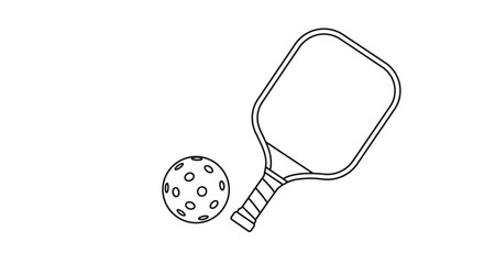 Pickleball paddle and ball sketch dynamic outline graphic for sports and recreation enthusiasts and active lifestyles isolated on white background