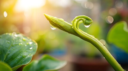 A flower stem bent by rain with a new bud growing towards sunlight, symbolizing Hope, New Beginnings, and the universal theme of recovery and optimism for inspirational content.