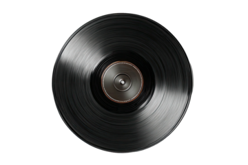A shiny, black vinyl record on a solid black background. The grooves and center label are visible
