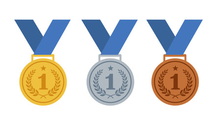 Set of three shiny award medals gold silver bronze for first second third place winners sporting events and competitions isolated on white background