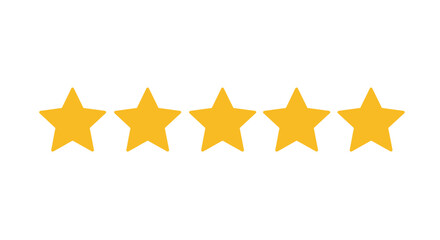 Five golden stars rating system concept showing excellent quality and customer satisfaction perfect score isolated on white background