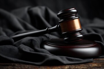 A wooden gavel rests on its base, framed by dark fabric. Focus on justice and law