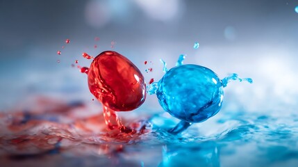 colliding. Red and blue ink droplets colliding and mixing in clear water. STEM education sheets, lab safety posters, designed for biotech research communications.