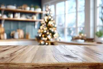 A wooden surface in focus, a blurred kitchen backdrop with Christmas tree & window view