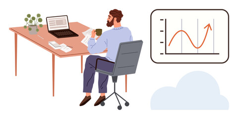 Man seated at office desk reviewing documents, graphs on screen, and upward trend chart. Ideal for business, analytics, growth, focus, research workplace productivity. Simple flat metaphor