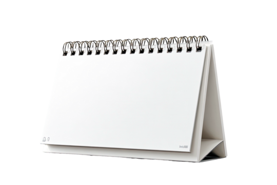 Angled tabletop desk calendar with wire binding, blank white pages, and a minimalistic design