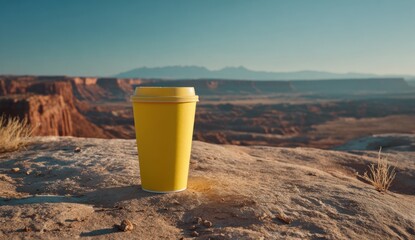 A yellow paper cup sits on a rock outcrop overlooking a vast desert canyon under a clear sky
